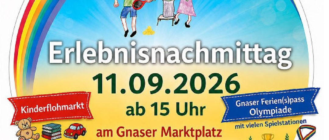 Plakat für den Erfahrungsnachmittag am 11. September 2026 mit Kindern, die Sport treiben, einem Regenbogen und einer Marktszene.