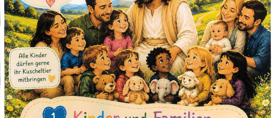 Plakat für eine Kinder- und Familienveranstaltung mit Jesus und einer Familie, die Kuscheltiere halten. Die Veranstaltung trägt den Titel 'Wort Gottes Feier' und ist für den 13. September 2026 um 9:30 Uhr in der Pfarrkirche Gnas geplant.