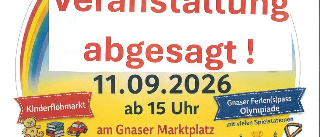 Plakat, das eine abgesagte Veranstaltung am 11.09.2026 ankündigt, mit einem Regenbogen, Sportikonen und einem Herzsymbol. Es enthält Details zu einem Kinderflohmarkt und Sportstationen.