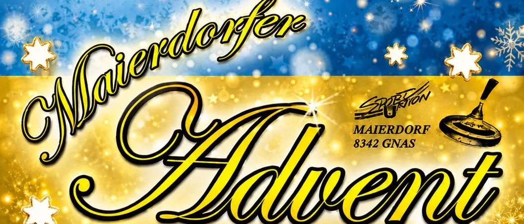 Plakat für einen Weihnachtsmarkt in Maierdorf mit zwei Elfen, Tannenzapfen und festlichen Dekorationen. Es beinhaltet eine Liste von Aktivitäten wie Handwerksstände, Weihnachtsbaumverkauf und Adventsmusik.