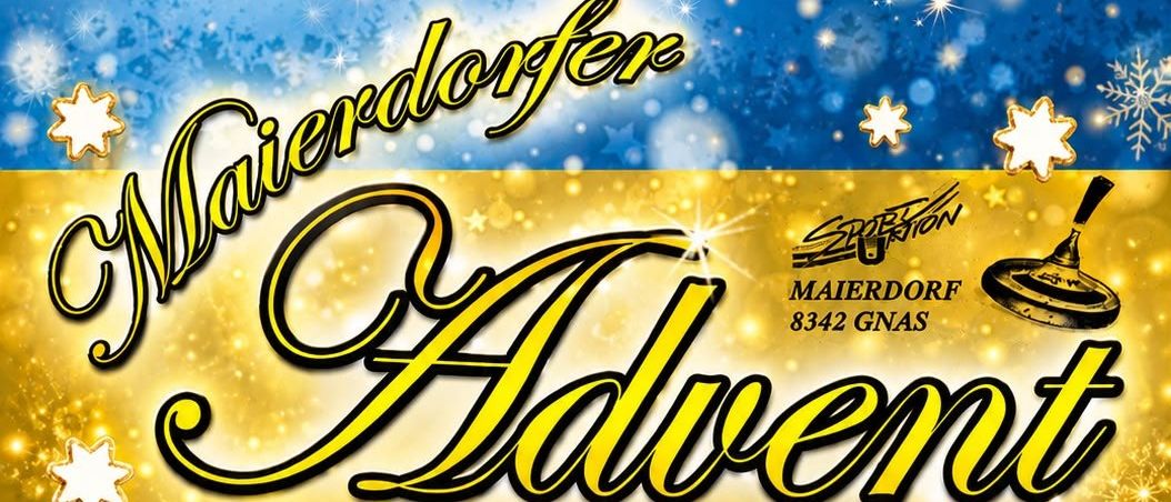 Plakat für einen Weihnachtsmarkt in Maierdorf mit zwei Elfen, Tannenzapfen und festlichen Dekorationen. Es beinhaltet eine Liste von Aktivitäten wie Handwerksstände, Weihnachtsbaumverkauf und Adventsmusik.