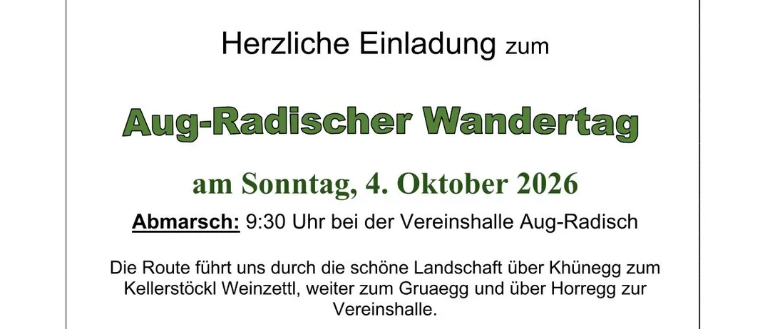 Plakat für den Aug-Radischer Wandertag am 4. Oktober 2026. Es zeigt eine Kirche mit Gerüsten und einem klaren blauen Himmel. Der Text lädt Teilnehmer zu einem großen Tag in der Natur ein, mit Erfrischungen und einem Treffen in der Aug-Radisch-Halle.