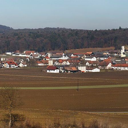 Luftaufnahme eines ländlichen Dorfes mit zahlreichen Häusern, einige mit roten Dächern, umgeben von weitläufigen landwirtschaftlichen Feldern und einem dichten Wald im Hintergrund.