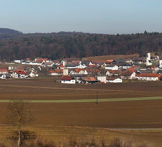 Luftaufnahme eines ländlichen Dorfes mit zahlreichen Häusern, einige mit roten Dächern, umgeben von weitläufigen landwirtschaftlichen Feldern und einem dichten Wald im Hintergrund.
