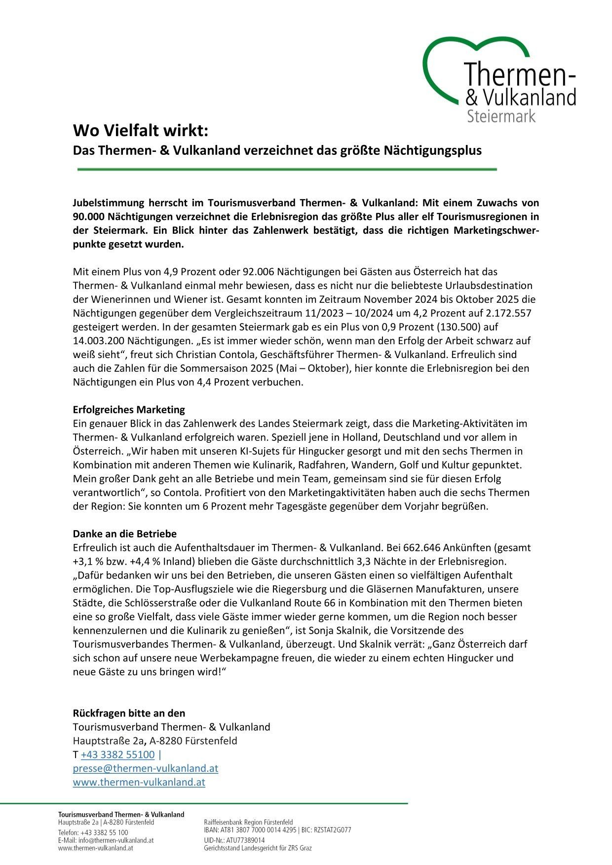 Die Thermen- & Vulkanland-Region verzeichnet den höchsten Anstieg bei Übernachtungen in der Steiermark. Mit einem Wachstum von 90.000 Übernachtungen übertrifft sie alle anderen elf Tourismusregionen in der Steiermark. Die Zahlen bestätigen die Wirksamkeit der Marketingbemühungen. Die Region hat insgesamt 92.006 Übernachtungen in Österreich und ist damit ein beliebtes Urlaubsziel.