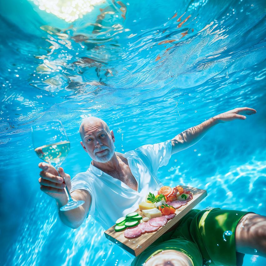 Ein älterer Mann ist unter Wasser in einem Schwimmbecken, hält ein Weinglas und ein Holzbrett mit verschiedenen Speisen.