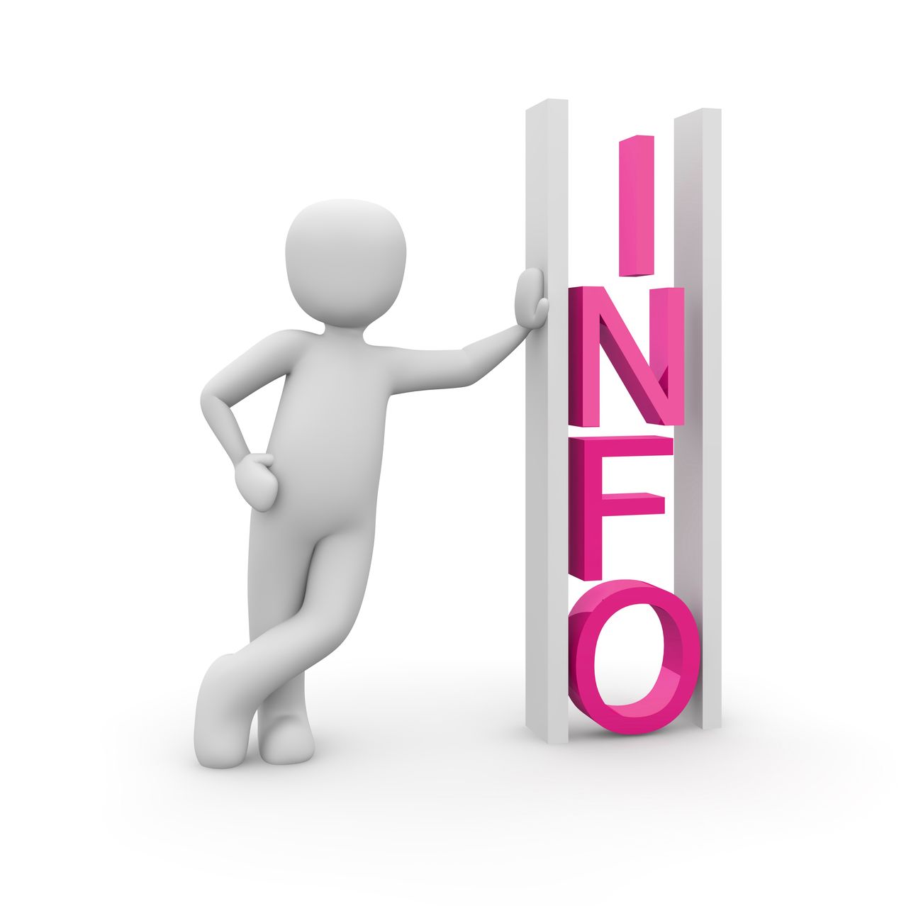 Eine 3D-Figur lehnt sich gegen eine Säule mit dem Wort INFO in Pink.