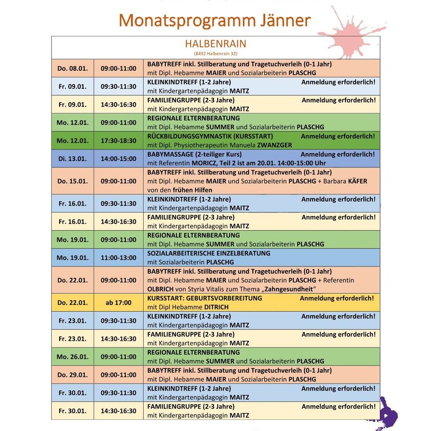Das Bild zeigt ein Monatsprogramm für Halbenrain-Aktivitäten im Januar, einschließlich verschiedener Veranstaltungen wie Babymassage, Familiengruppen und regionale Elternbildung. Der Zeitplan ist nach Datum und Uhrzeit organisiert, wobei einige Aktivitäten eine Anmeldung erfordern.