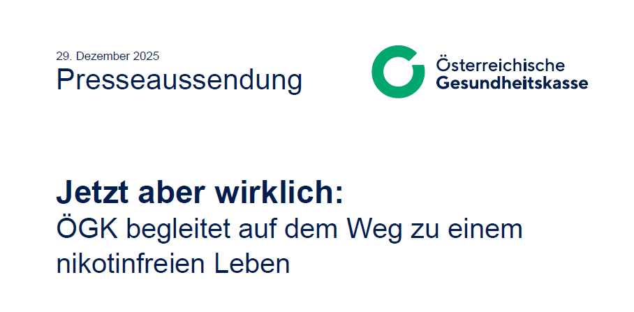 Pressemitteilung vom 29. Dezember 2025 der Österreichischen Gesundheitskasse zur Förderung eines nikotinfreien Lebens.