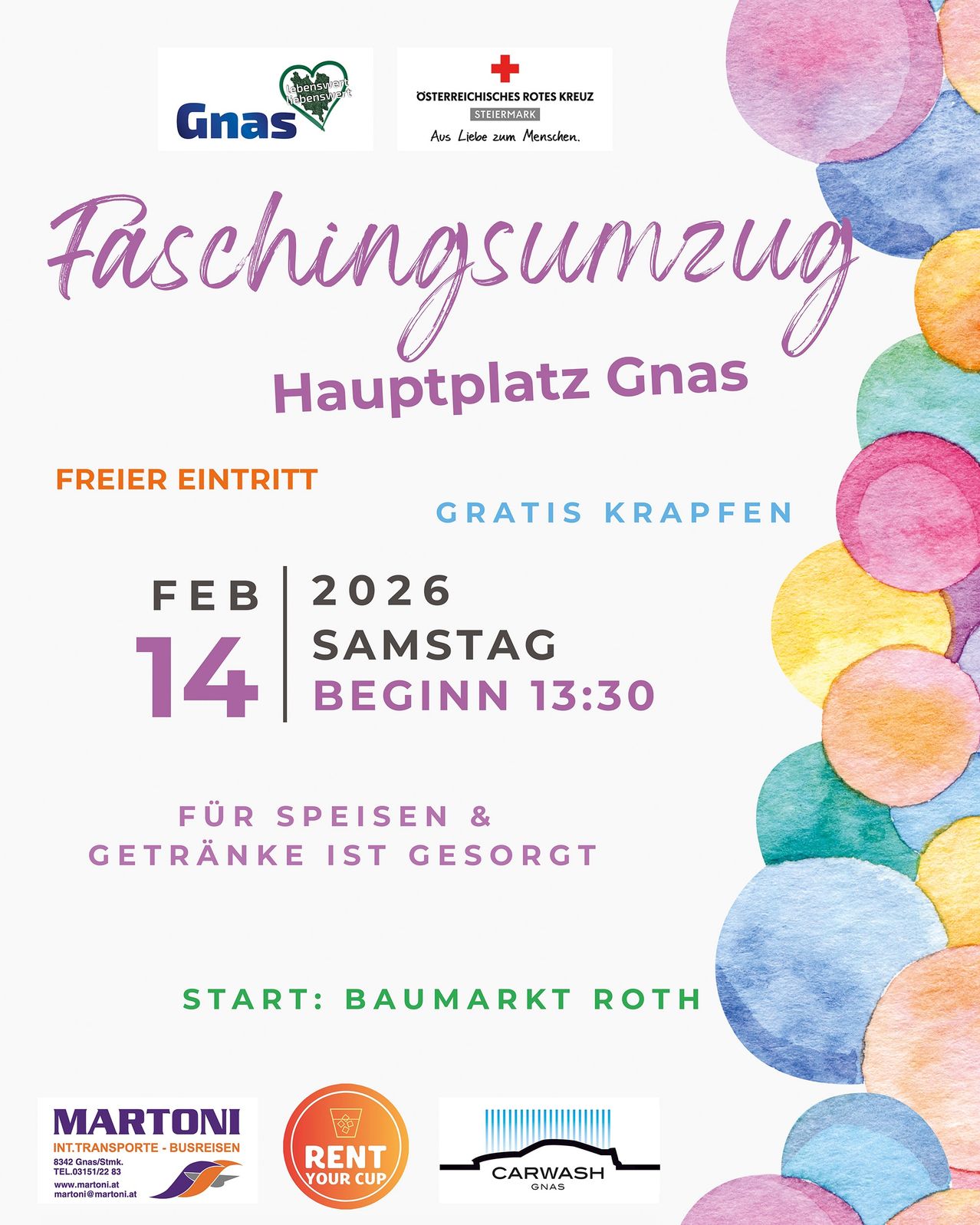 Plakat für Faschingsumzug Hauptplatz Gnas am 14. Februar 2026, um 13:30 Uhr. Freier Eintritt, kostenlose Getränke. Beginn am Baummarkt Roth.