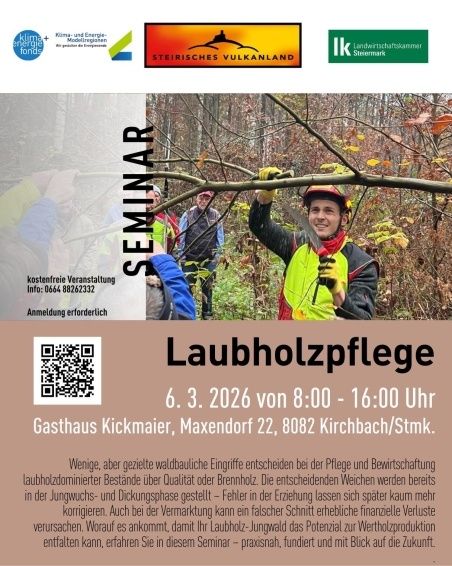 Ein Seminar zur Laubholzpflege findet am 6. März 2026 von 8:00 bis 16:00 im Gasthaus Kickmaier, Maxendorf 22, 8082 Kirchbach/Stmk. statt. Ein QR-Code ist für die Anmeldung verfügbar. Wenige, aber gezielte forstliche Eingriffe entscheiden bei der Pflege und Bewirtschaftung laubholzdominierter Bestände über Qualität oder Brennholz. Die entscheidenden Weichen werden bereits in der Jugend- und Dickungsphase gestellt – später in der Erziehung lassen sie sich kaum mehr korrigieren. Auch bei der Vermarktung kann ein falscher Schnitt erhebliche finanzielle Verluste verursachen. Worauf es ankommt, damit Ihr Laubholz-Jungwald das Potenzial zur Wertholzproduktion entfalten kann, erfahren Sie in diesem Seminar - praxisnah, fundiert und mit Blick auf die Zukunft.