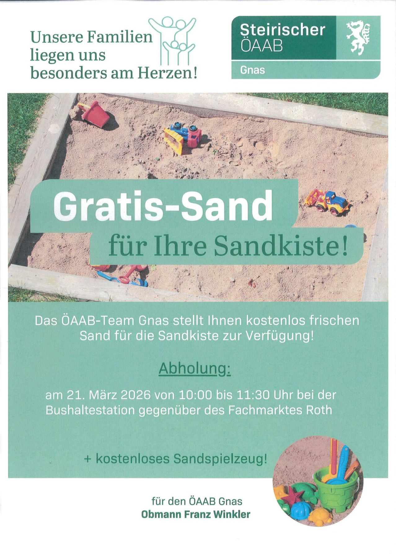 Eine Anzeige bietet kostenlosen Sand für Sandkästen an. Abholung ist am 21. März 2026 von 10:00 bis 11:30 an der Bushaltestelle gegenüber dem Fachmarkt Roth. Kostenlose Sandspielzeuge sind ebenfalls erhältlich.
