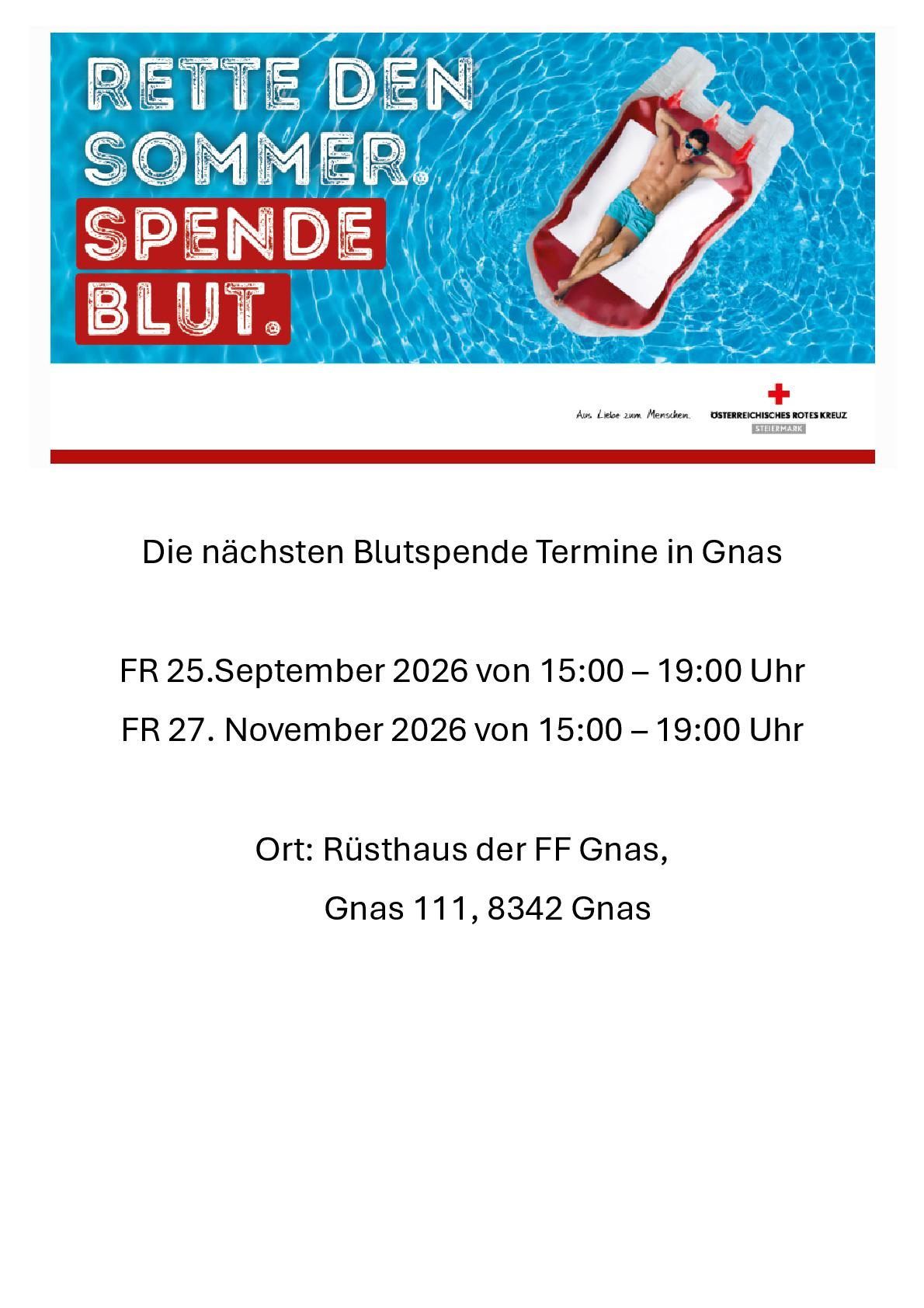 Plakat für Blutspende-Termine in Gnas, Österreich. Es zeigt einen Mann, der sich auf einem Schwimmbecken entspannt, mit dem Text 'Spende Blut' und den Terminen für die Veranstaltungen.