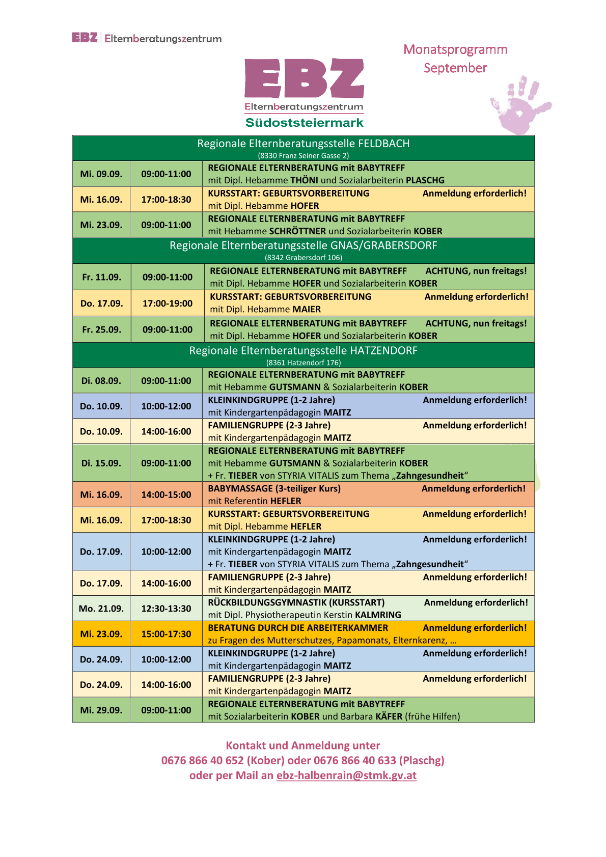 Eine Tabelle mit dem Zeitplan für regionale Altenpflegedienste in Feldbach, einschließlich Zeiten, Daten und Aktivitäten wie Babytree-Schulung, Geburtsvorbereitung und Familiengruppen. Die Tabelle ist in verschiedene Bereiche für verschiedene Orte und Dienstleistungen unterteilt.