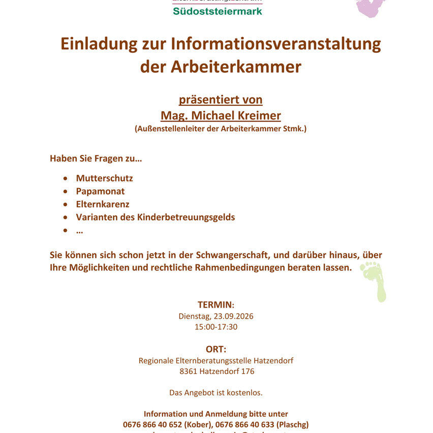 Einladung zur Informationsveranstaltung der Arbeiterkammer, präsentiert von Mag. Michael Kremer, am 23.09.2026 von 15:00 bis 17:30 im Regionalen Betreuungszentrum Hatzendorf. Kostenlose Teilnahme. Kontakt 0676 866 40 652 (Kober) oder 0676 866 40 633 (Plaschek).