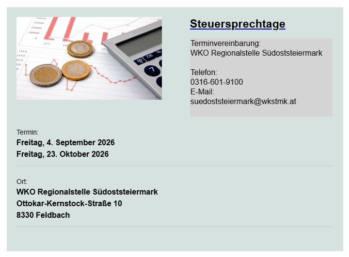 A flyer for tax advice sessions at WKO Regionalstelle Sudoststeiermark, with dates, location, and contact information.