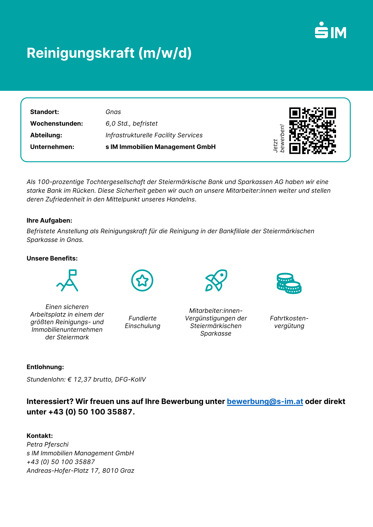 A job posting for a cleaning position in Gnas, Austria, with benefits like a secure workplace, employee discounts, and free parking. The company is IM Immobilien Management GmbH, a subsidiary of Steiermärkische Bank und Sparkassen AG. Contact information and application details are provided.