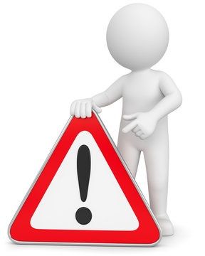 A 3D man holding a red triangle warning sign with an exclamation mark in the center, pointing at it.