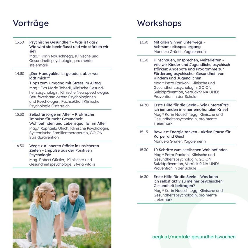 A flyer with a list of workshops and speakers, featuring a photo of two people sitting on grass. The workshops cover topics like mental health, stress management, and self-care.