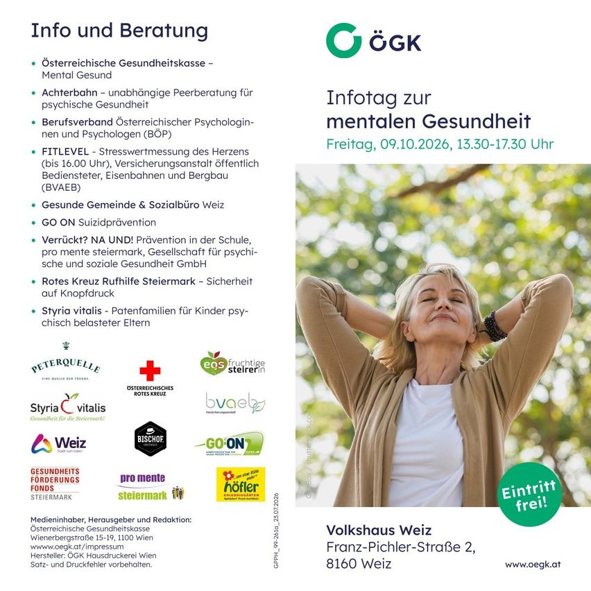 An informational poster about mental health with a smiling woman in the background. It includes details about an event on mental health, various organizations, and contact information.