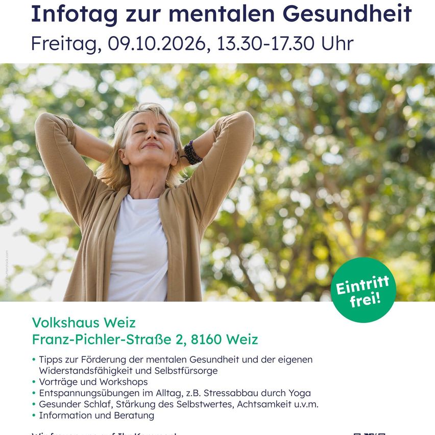 An image advertising a mental health event on October 9, 2026, featuring a woman in a park with a happy expression. The text highlights tips for mental health and self-care, along with workshops on stress reduction and sleep improvement.