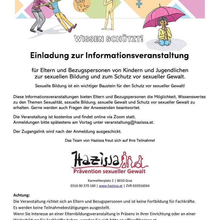 An informational event invitation for parents and caregivers of children and adolescents on sexual education and protection against sexual violence. The event is free and will be held online via Zoom. Registration is requested by email. The link will be sent after registration.