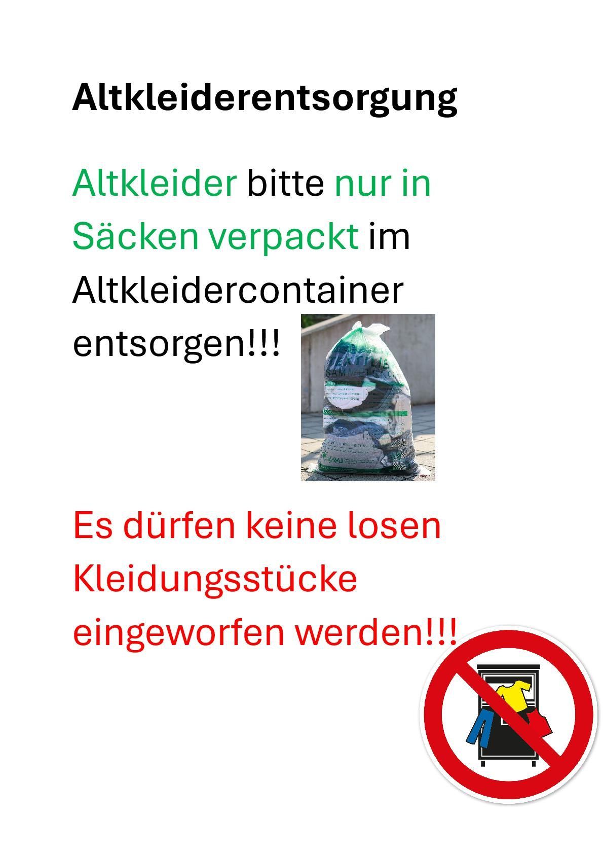 A poster instructing to dispose of old clothes only in bags in the clothing container. A bag with clothes is shown.
