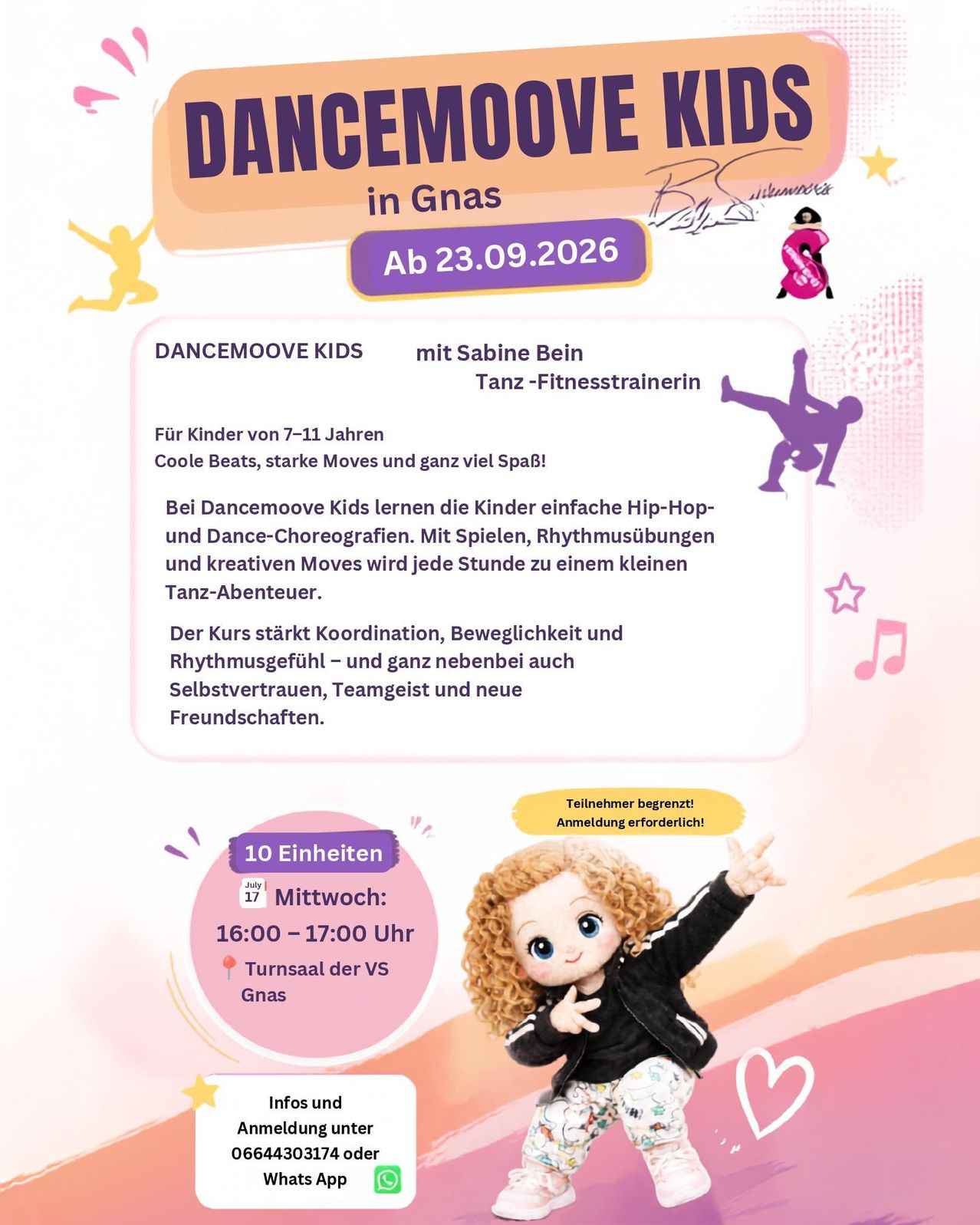 Poster for Dancemove Kids event on 23.09.2026, featuring a girl dancing, with details about the event, including time, location, and instructor.
