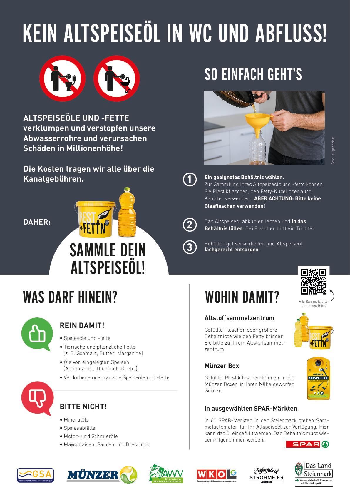 An infographic showing how to collect old cooking oil and fat. It includes steps like choosing the right container, cooling the oil, and where to dispose of it. It also lists acceptable and unacceptable items for collection.