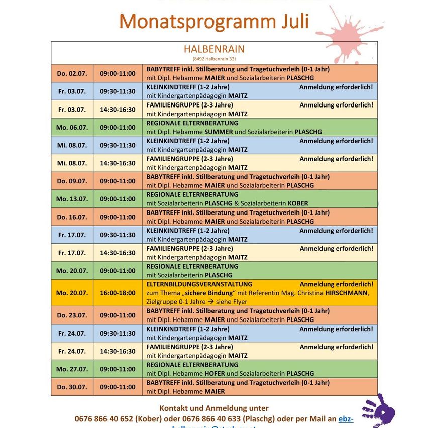 Monatsprogramm Juli für Halberain. Verschiedene Aktivitäten für Kinder und Familien, einschließlich Babytreffen, regionaler Seniorentreffen und Familiengruppen. Anmeldung erforderlich. Kontakt für weitere Informationen.