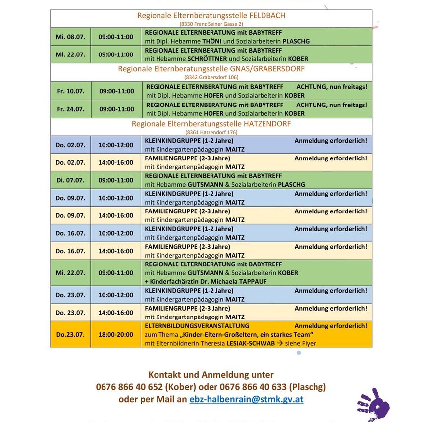Das Bild zeigt einen Zeitplan für regionale Elternbildungskurse in Feldbach, Grazerdorf und Hatzendorf. Die Kurse sind mit Datum, Uhrzeit und Details aufgelistet. Eine Anmeldung ist erforderlich. Kontaktinformationen sind angegeben.