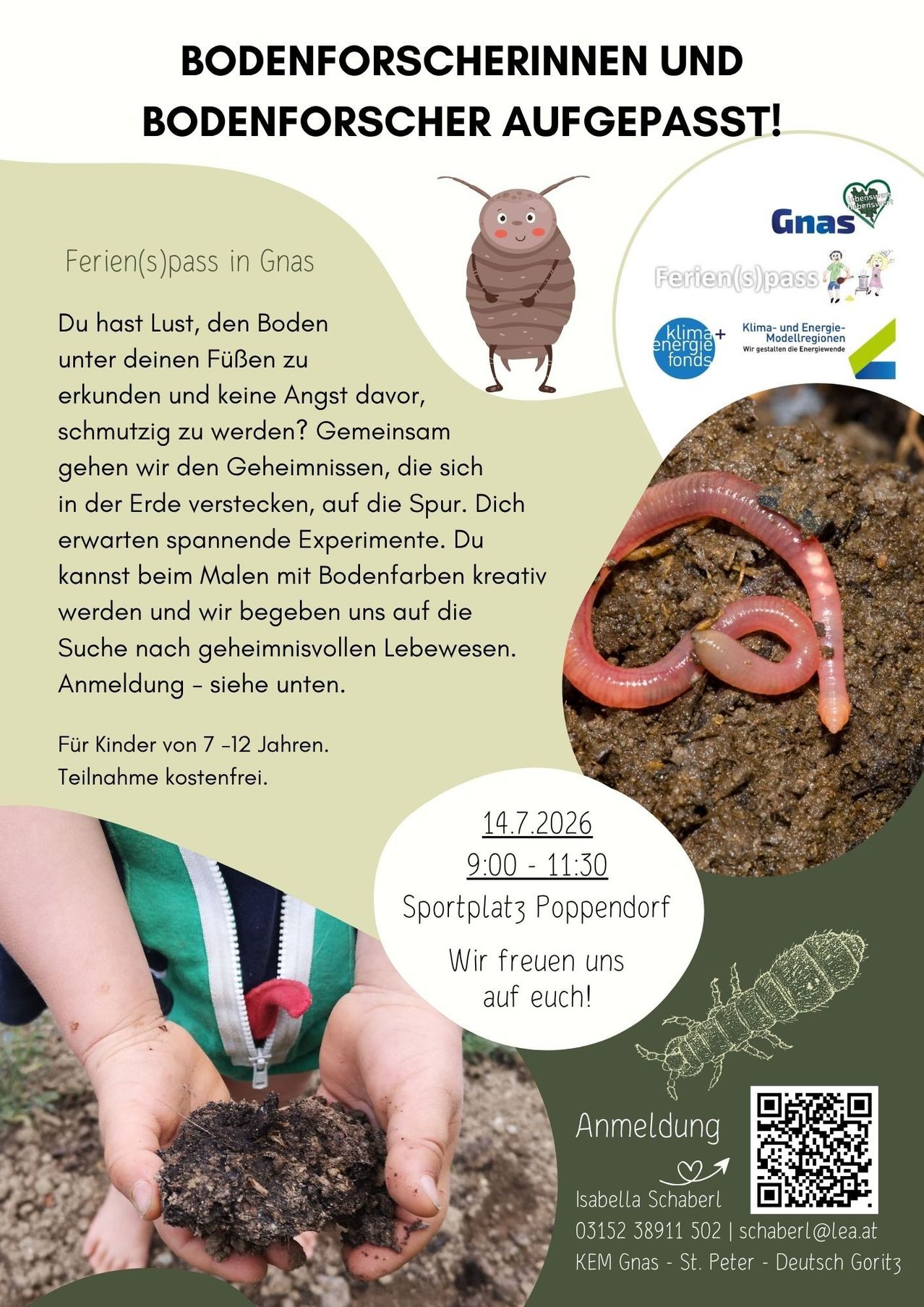 Ein Plakat lädt Kinder von 7-12 Jahren zu einer Bodenerkundung ein. Das Plakat zeigt Wurm- und Käfer-Illustrationen und einen QR-Code für die Anmeldung. Die Teilnahme ist kostenlos.