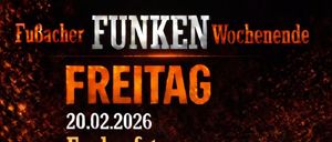 Plakat für Funkenfeste am 20. Februar 2026. Präsentiert DJ Johannes Trio Wahnsinn, Beginn um 20 Uhr. Beinhaltet einen Käfig mit Tänzern, einen Gießkannen und eine Sonnenbrille. Getränke sind kostenlos.