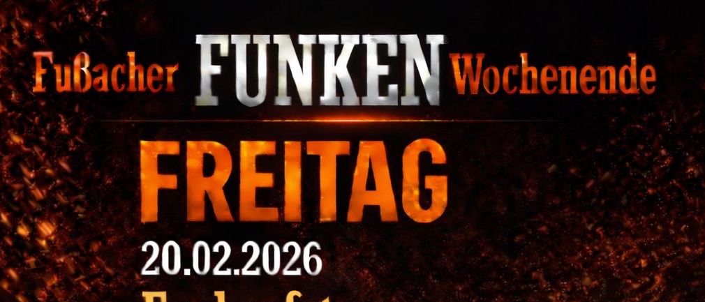 Plakat für Funkenfeste am 20. Februar 2026. Präsentiert DJ Johannes Trio Wahnsinn, Beginn um 20 Uhr. Beinhaltet einen Käfig mit Tänzern, einen Gießkannen und eine Sonnenbrille. Getränke sind kostenlos.