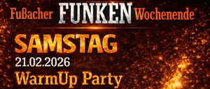 Plakat für eine WarmUp-Party am 21. Februar 2026. Bar und Verpflegung ab 18:00 Uhr. Live auf der Bühne: Musikverein Fussach und Young Stars. Speisen umfassen Schweinebraten, Suppe und Saucen.