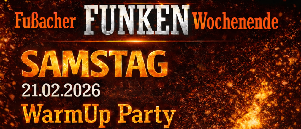 Plakat für eine WarmUp-Party am 21. Februar 2026. Bar und Verpflegung ab 18:00 Uhr. Live auf der Bühne: Musikverein Fussach und Young Stars. Speisen umfassen Schweinebraten, Suppe und Saucen.