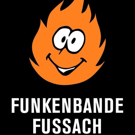 Eine Comic-Figur mit einem orangefarbenen, flammenartigen Körper, Augen und Mund, die auf einem schwarzen Hintergrund dargestellt wird. Der Text 'Funkenbande Fussach' steht in Weiß unter der Figur.