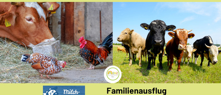 Ein Familienausflug zum Bauernhof mit Kühen, Hühnern und einem Hahn. Der Bauernhof hat einen gelben Hintergrund und ein Logo.