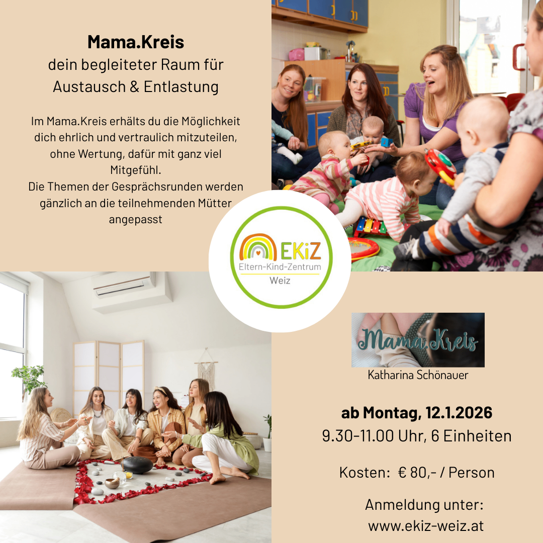 Ein Bild von Mama.Kreis, einer Gruppe von Müttern und Babys, die einen Raum zum Teilen und Entspannen fördern. Die Veranstaltungsdetails werden angegeben, einschließlich Datum, Uhrzeit, Kosten und Registrierungslink.