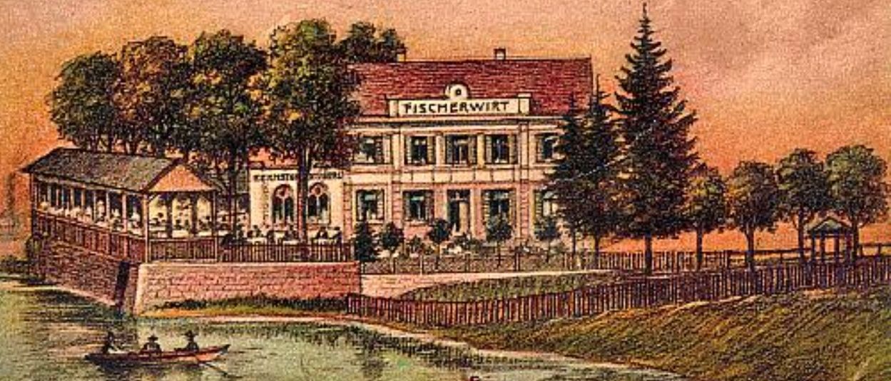 Ein altes Gemälde zeigt eine Gaststätte am Fluss namens Gasthof zum Fischerwirt, mit Menschen auf dem Balkon und Booten auf dem Fluss.
