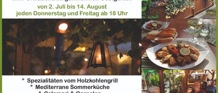 Ein gemütlicher Sommerabend. Entspannen Sie im freundlichen Garten vom 2. Juli bis 14. August, Donnerstag und Freitag ab 18 Uhr. Spezialitäten vom Holzkohlengrill. Mediterrane Sommerküche, Calamari & Garnelen. Fischerwirt Restaurant.