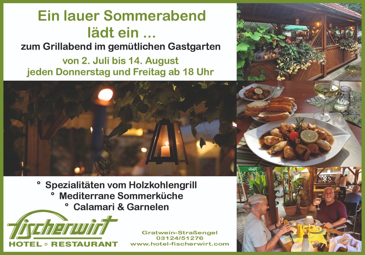 An advertisement for a cozy summer evening at a restaurant, featuring a lantern, a plate of food, and a woman sitting at a table. The text is in German.