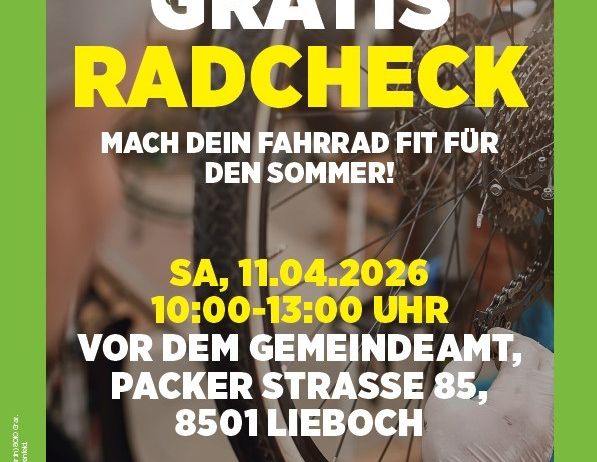 Free bicycle check-up event on April 11, 2026, 10:00-13:00 at Gemeindeamt, Packer Strasse 85, 8501 Lieboch. Prepare your bike for summer.