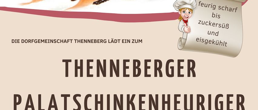 Ein Plakat für das Thennberger Palatschinkenheuerig-Event am 14. September um 11 Uhr, das Crepes mit Schokoladen- und Karamellsauce zeigt, veranstaltet von der Thennberger Gemeinschaft.