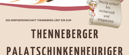Eine Werbung für ein Essensereignis mit einem Nahaufnahme eines Gerichts mit Pfannkuchen, Schokoladensauce und einem Kochmütze-Symbol. Der Text lautet 'Thennberger Palatschinkenheuriger' und '13. Sept 26 11 Uhr'.