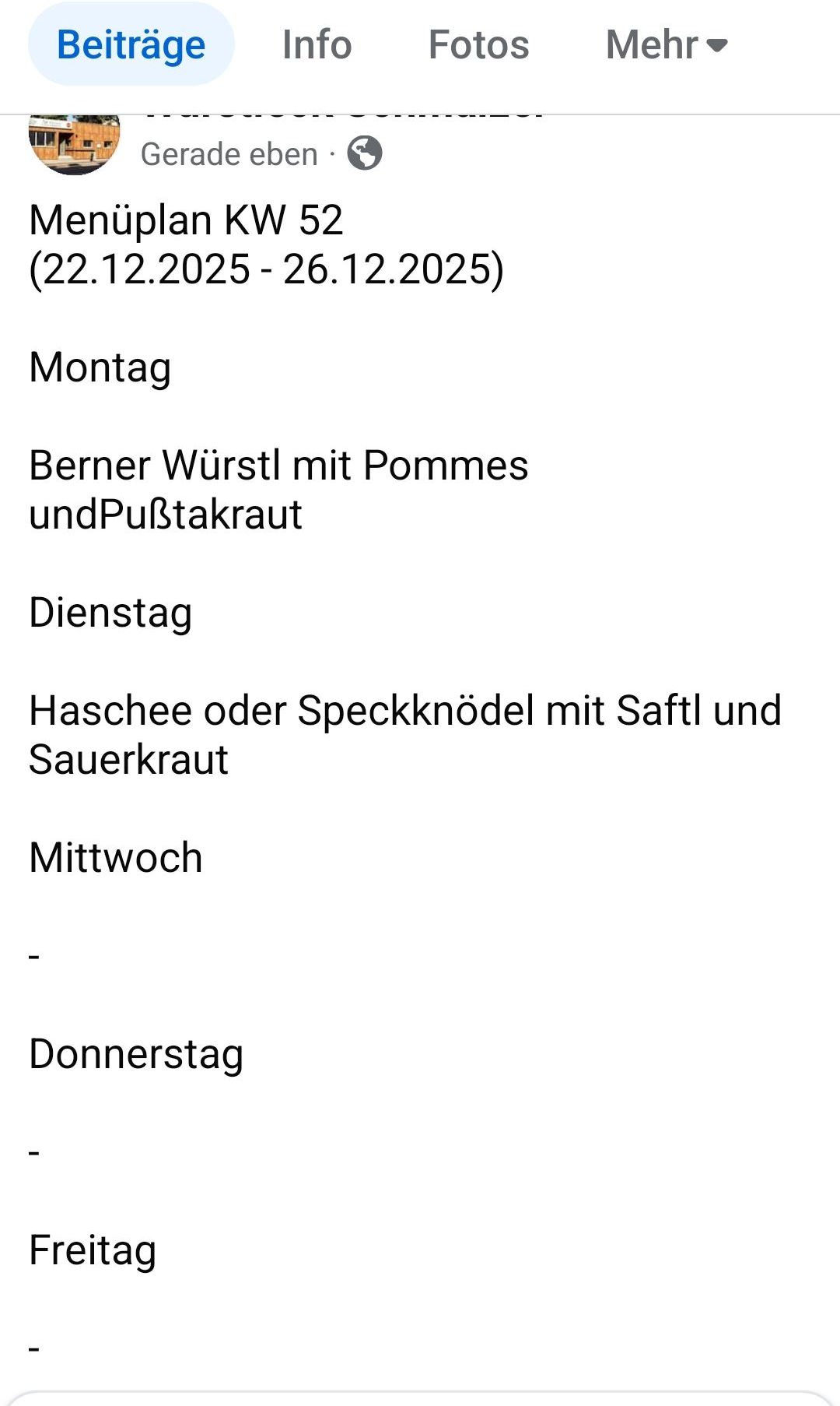 Eine Tabelle zeigt einen wöchentlichen Essensplan. Montag: Berner Wurst mit Pommes und Sauerkraut. Dienstag: Haschee oder Speckknödel mit Saft und Sauerkraut. Mittwoch: Keine Mahlzeit aufgeführt. Donnerstag: Keine Mahlzeit aufgeführt.