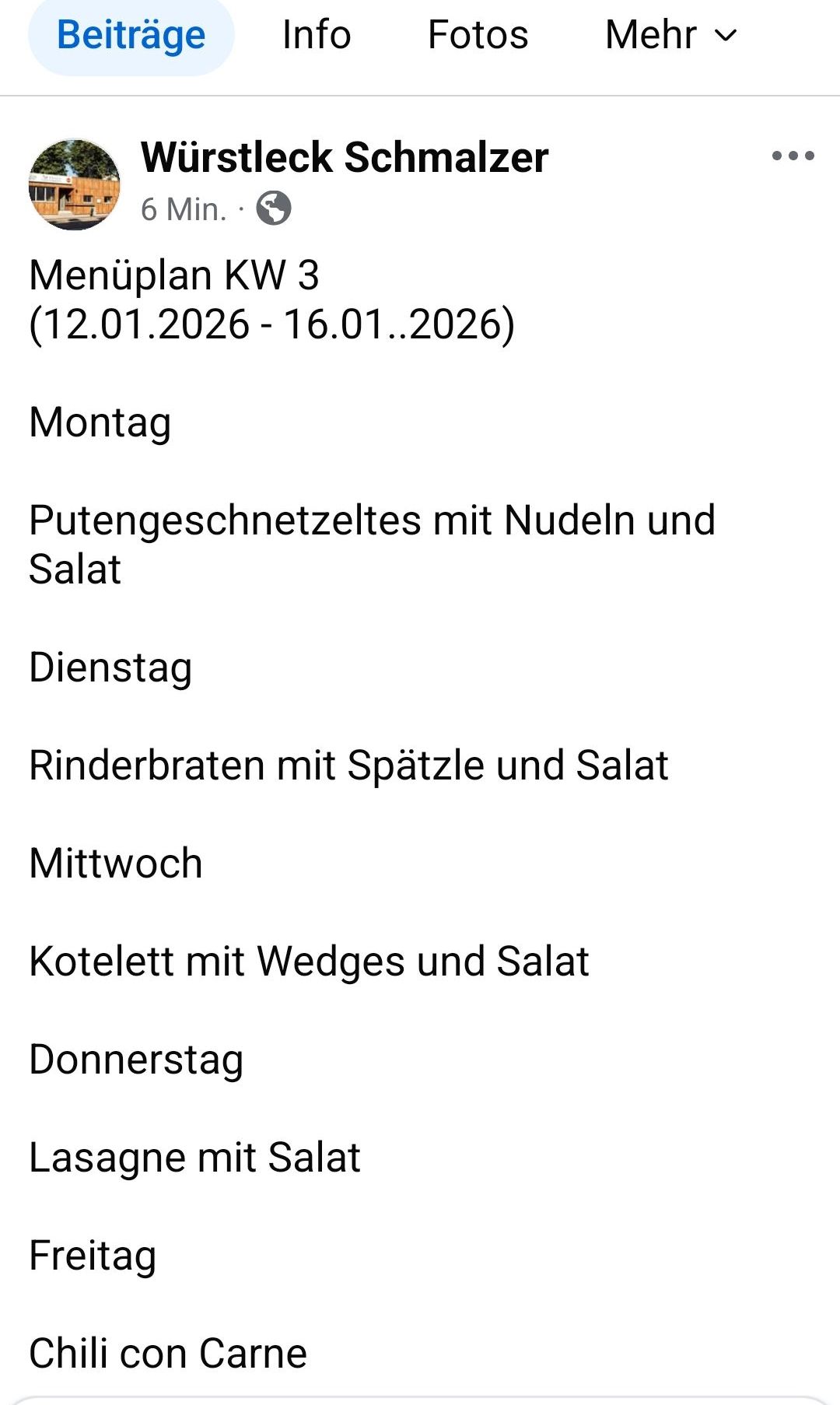 Menüplan vom 12.01.2026 bis 16.01.2026. Montag: Erbsenpüree mit Nudeln und Salat. Dienstag: Rinderbraten mit Spatzle und Salat. Mittwoch: Kalbskotelett mit Wedges und Salat. Donnerstag: Rinderbraten mit Spatzle und Salat.