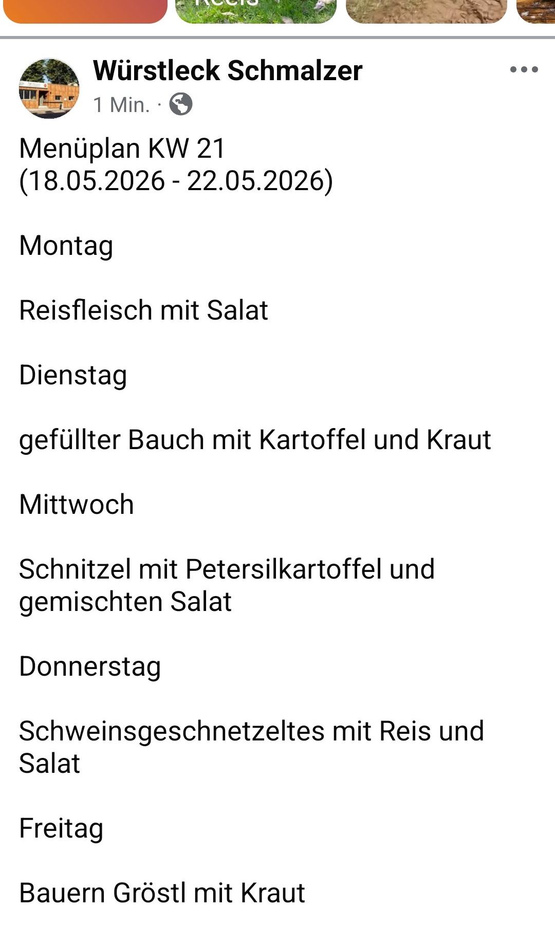 Weekly meal plan: Monday - Rice with salad. Tuesday - Stuffed belly with potato and herb. Wednesday - Schnitzel with parsley potato and mixed salad. Thursday - Pork schnitzel with rice and vegetables.