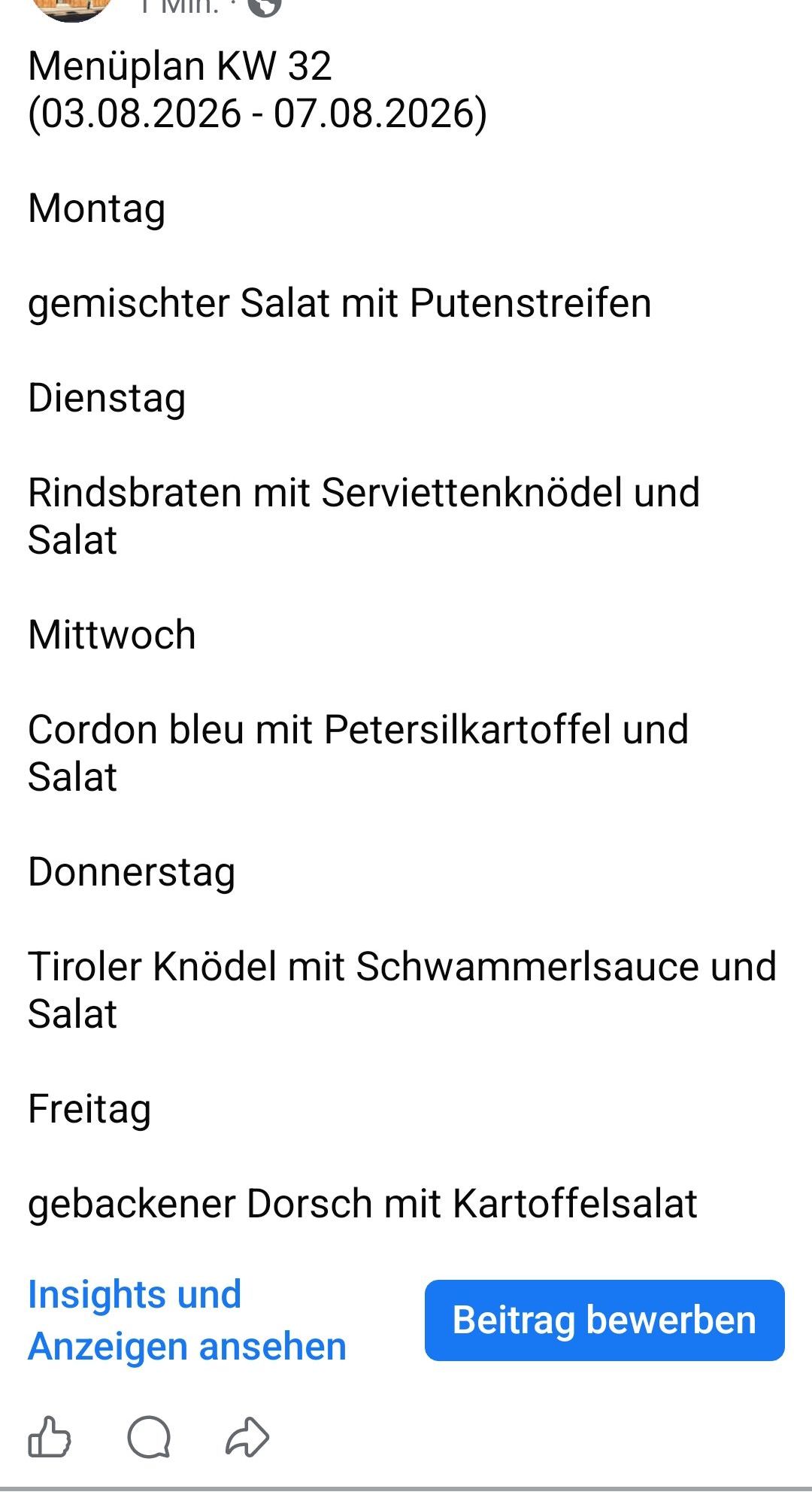 Ein wöchentliches Menü mit Gerichten für jeden Tag von Dienstag bis Freitag. Jedes Gericht besteht aus einem Hauptgang und Salat.