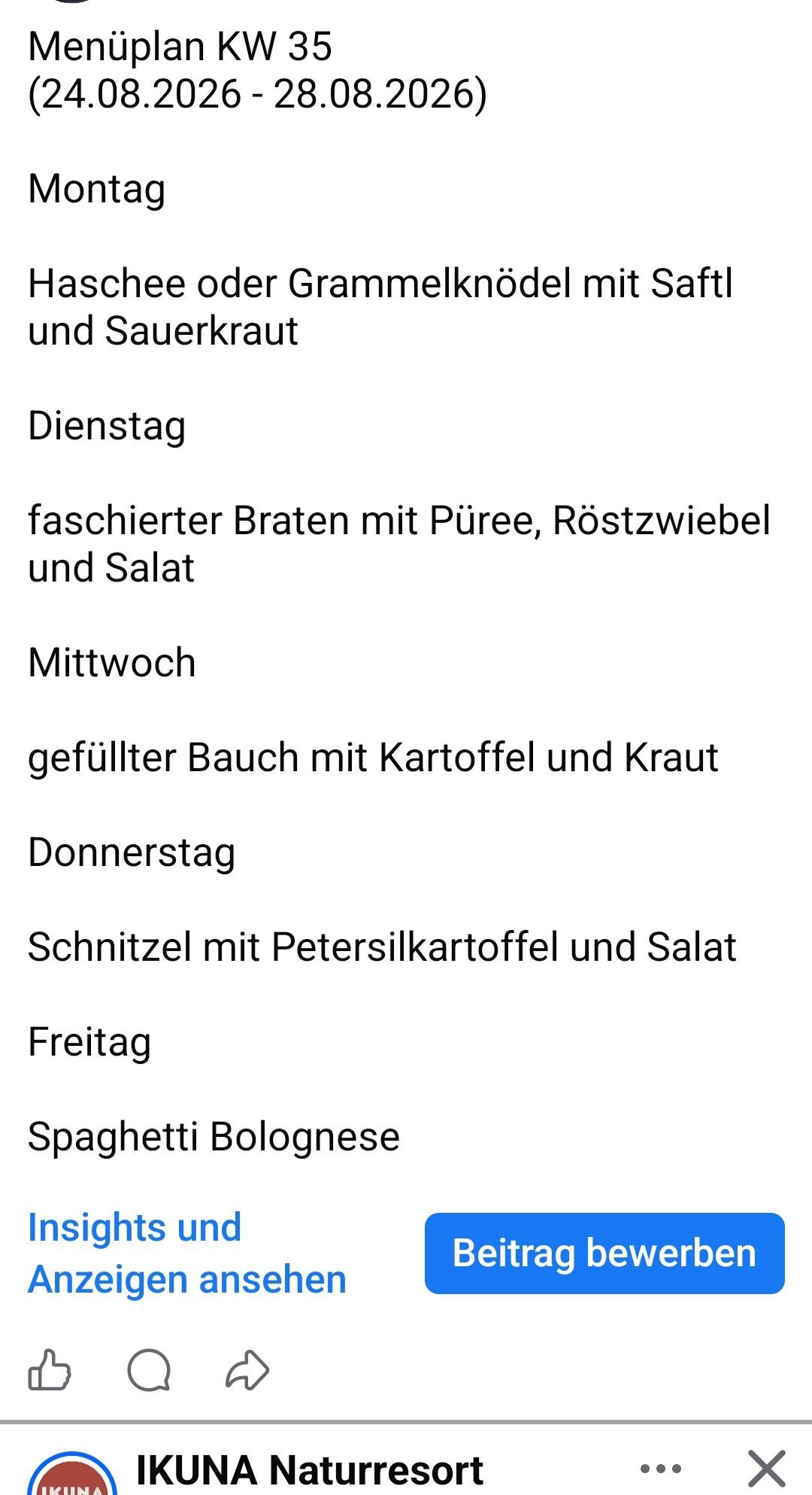 Ein wöchentliches Menü mit verschiedenen Mahlzeiten von Dienstag bis Freitag, einschließlich eines Gerichts mit geschnittenen Kartoffeln und Kräutern und eines Gerichts mit Petersilienkartoffeln und Salat.